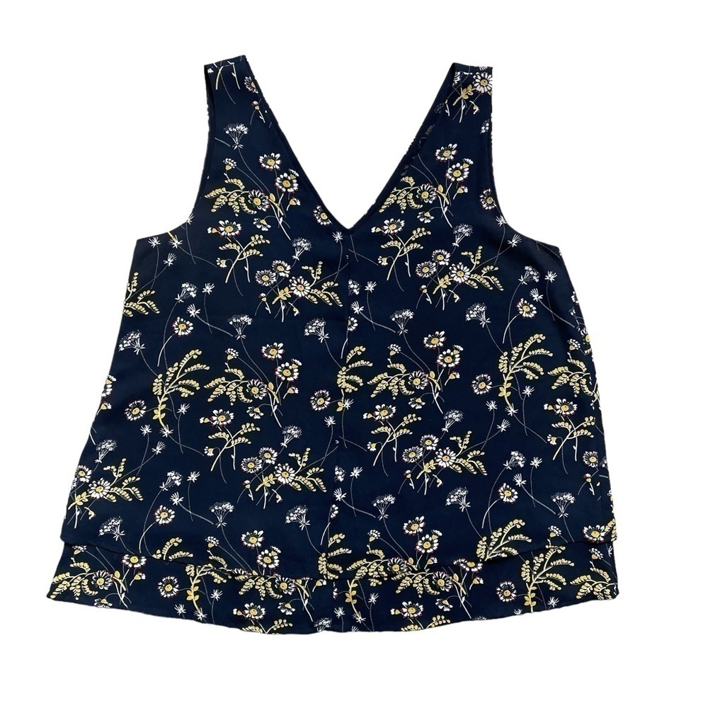 Ann Taylor Navy Floral V-Neck Sleeveless Blouse